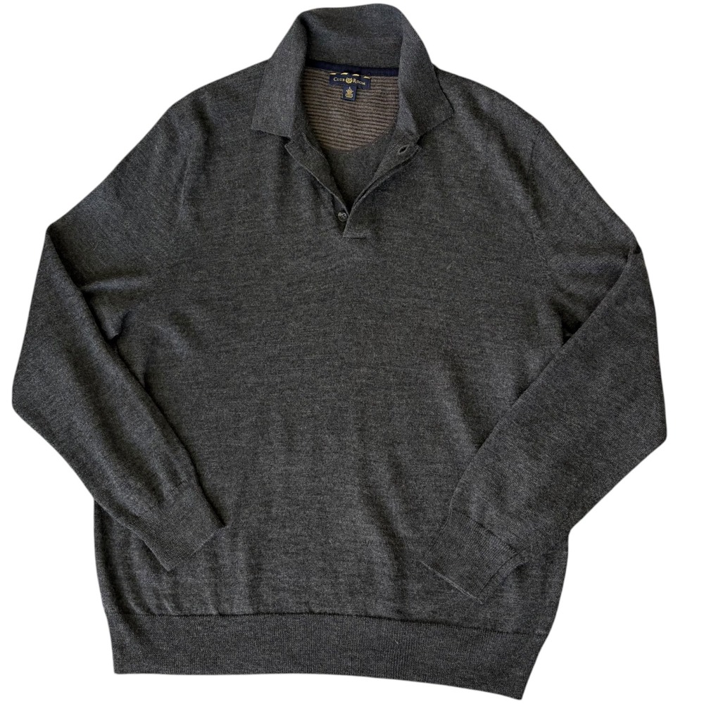 Club Room Mens Polo Collared Sweater L Charcoal Gray Merino Wool Blend Quite Lux